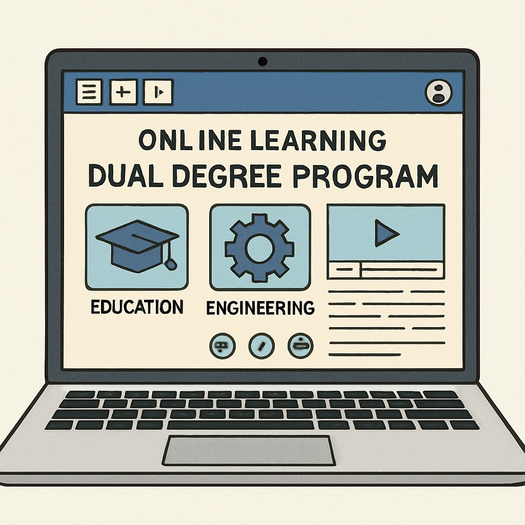 A laptop displaying an online learning platform with a dual degree program in education and engineering. Online dual degree program in teaching and engineering