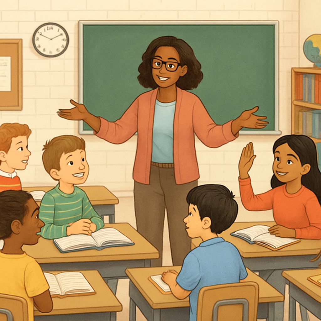 A classroom with diverse students and a teacher engaging in open discussion, representing diversity in education. Classroom discussion showcasing diverse perspectives, highlighting education neutrality.