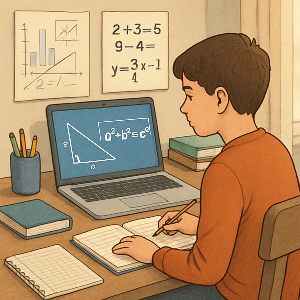 A student studying math online in a quiet setting, representing accessible online resources for academic recovery. Student using online math resources for academic recovery in the UK.