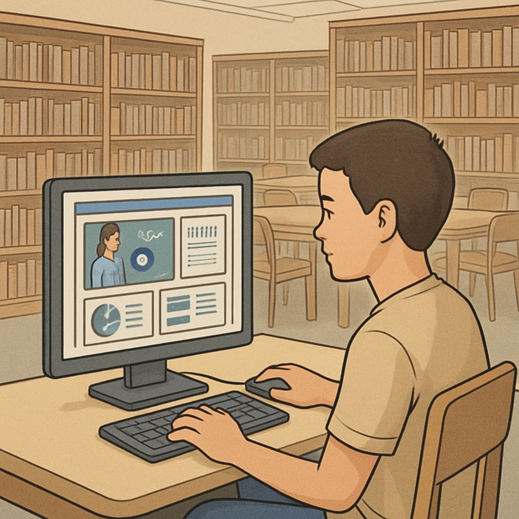 A student using a computer in a library, representing access to educational resources online. The image conveys the importance of maintaining access to digital educational tools. Student accessing educational resources online, highlighting age verification impacts