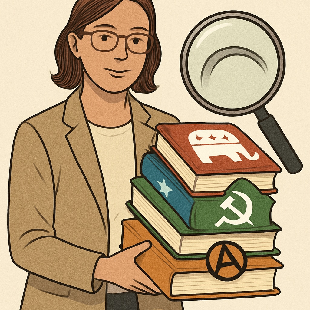 A symbolic image of a teacher holding books with contrasting political symbols, representing ideological scrutiny in education. Teacher holding books with political symbols, illustrating ideological tests.