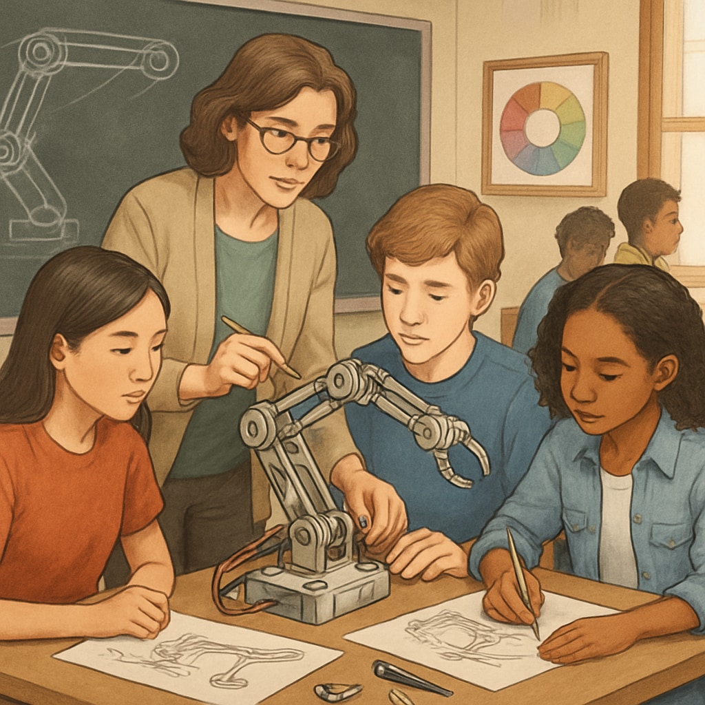 A high school teacher guiding students in building a robotic arm, integrating art and engineering concepts. A teacher in a classroom helping students design a robotic arm, combining art and engineering.
