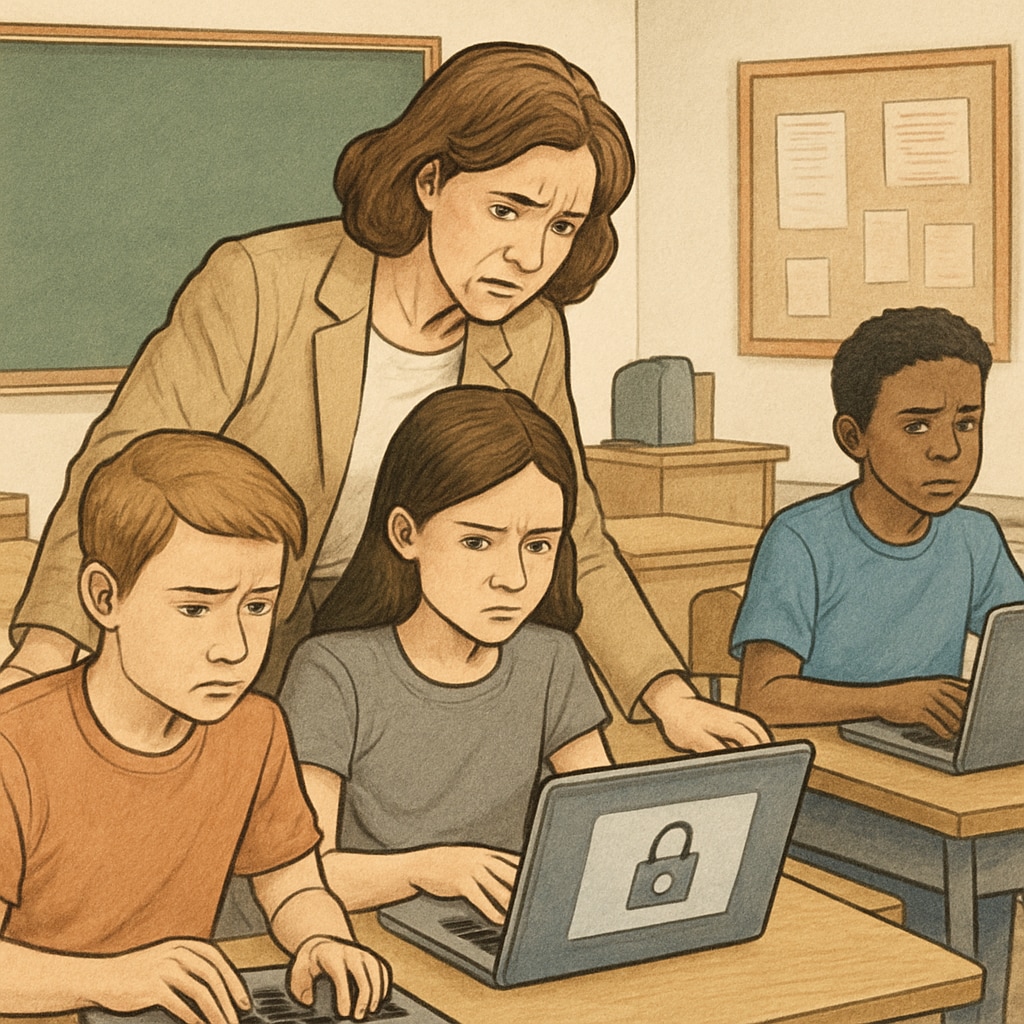 A concerned teacher assisting students on laptops in a classroom, symbolizing restricted access to online educational materials. This image illustrates the challenges faced by educators due to content access limitations. Teacher helping students navigate restricted educational content online