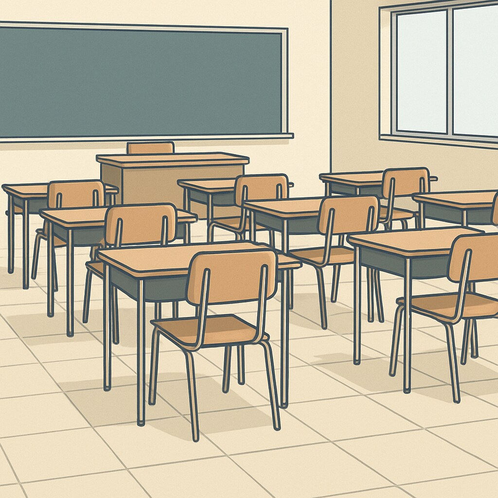 An image of a classroom with empty desks, symbolizing teacher shortages and recruitment challenges. Empty classroom desks, symbolizing the impact of teacher shortages and policies.