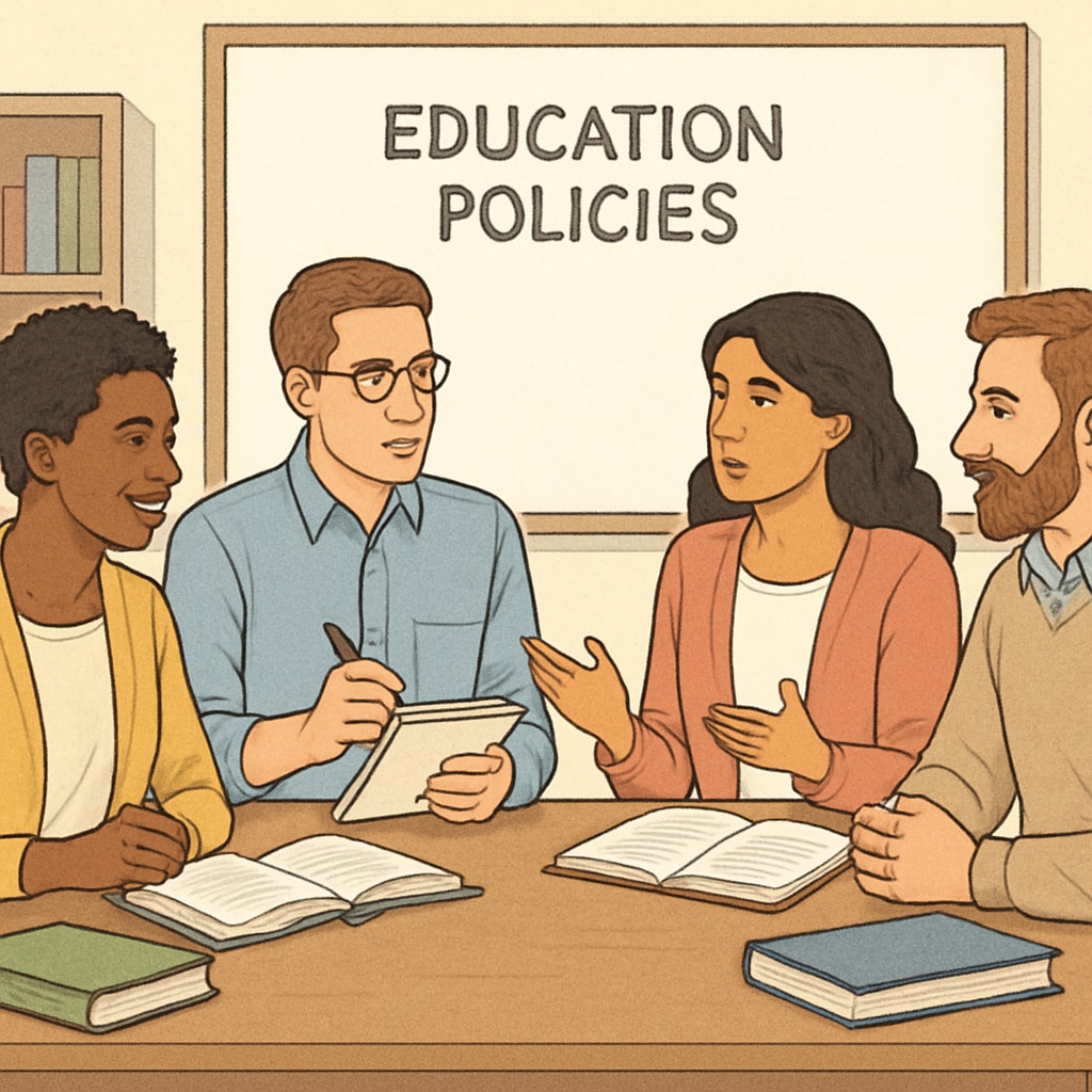 A group of diverse teachers sitting in a classroom, discussing education policies. Teachers discussing education policies in Oklahoma, related to political screening.