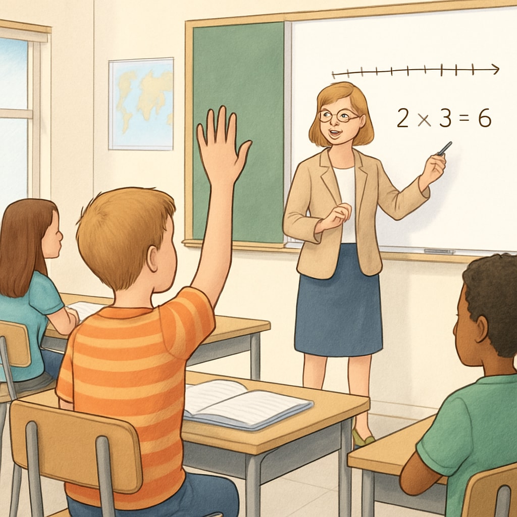 A student raising their hand in a classroom with a teacher at the whiteboard. Student engaging in a classroom setting in Oklahoma, highlighting education discussions.