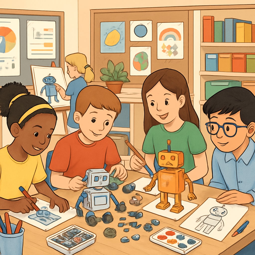 A classroom environment showcasing students collaboratively working on robotics projects integrated with creative arts. Students exploring robotics and arts in a collaborative classroom setting.