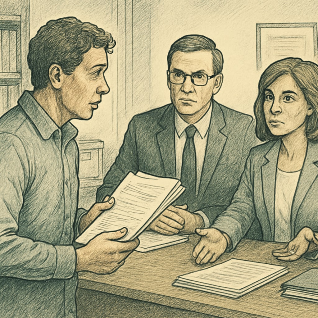 A concerned parent holding documents and interacting with school officials, symbolizing the struggle with district bureaucracy. Parent facing challenges with school district transfer policies.