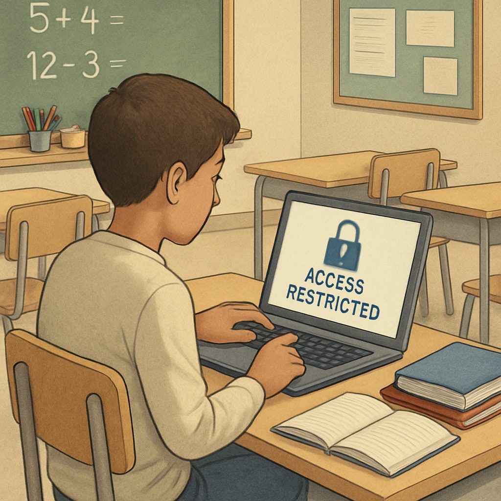 A student attempting to access a restricted educational website on a laptop in a classroom setting. Student facing content restrictions due to internet censorship laws.