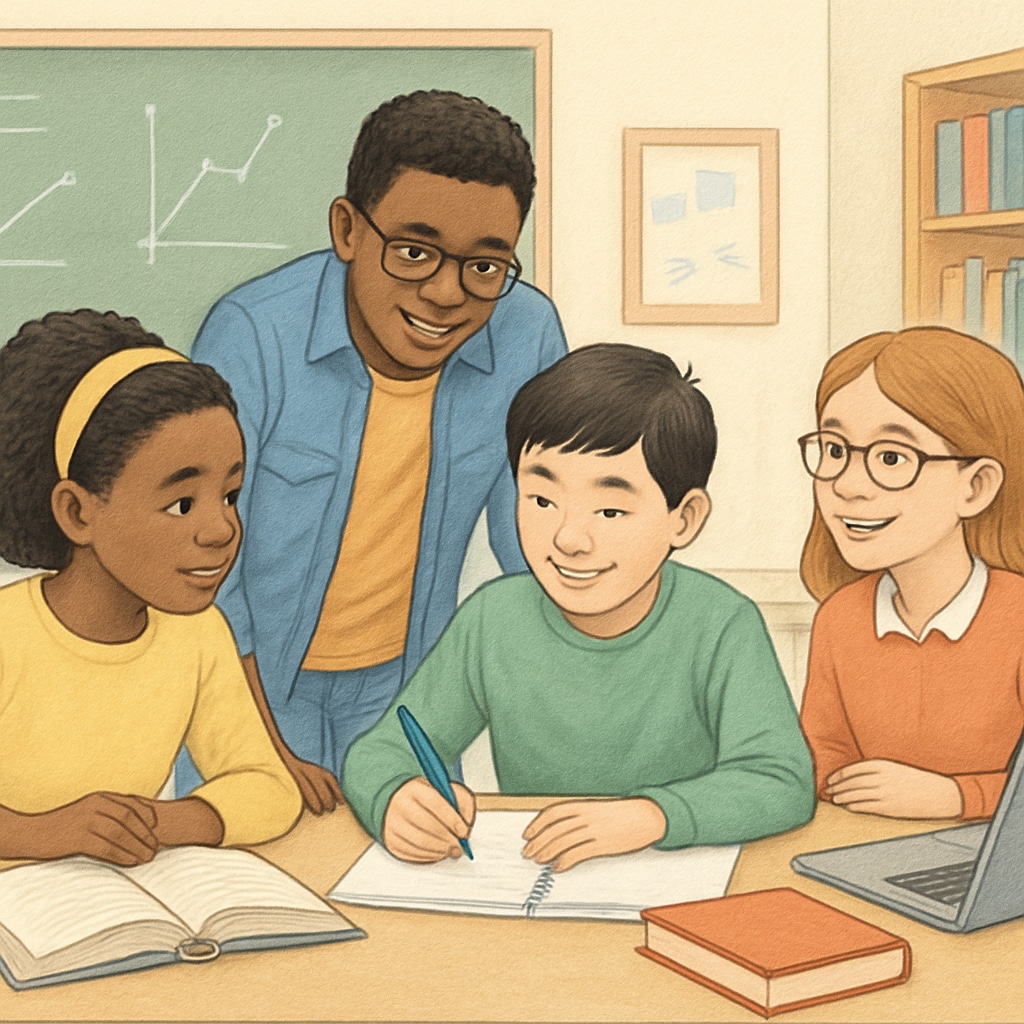 A group of diverse students working together in a classroom, representing the importance of equitable education opportunities. Diverse students in a classroom promoting equality in education.