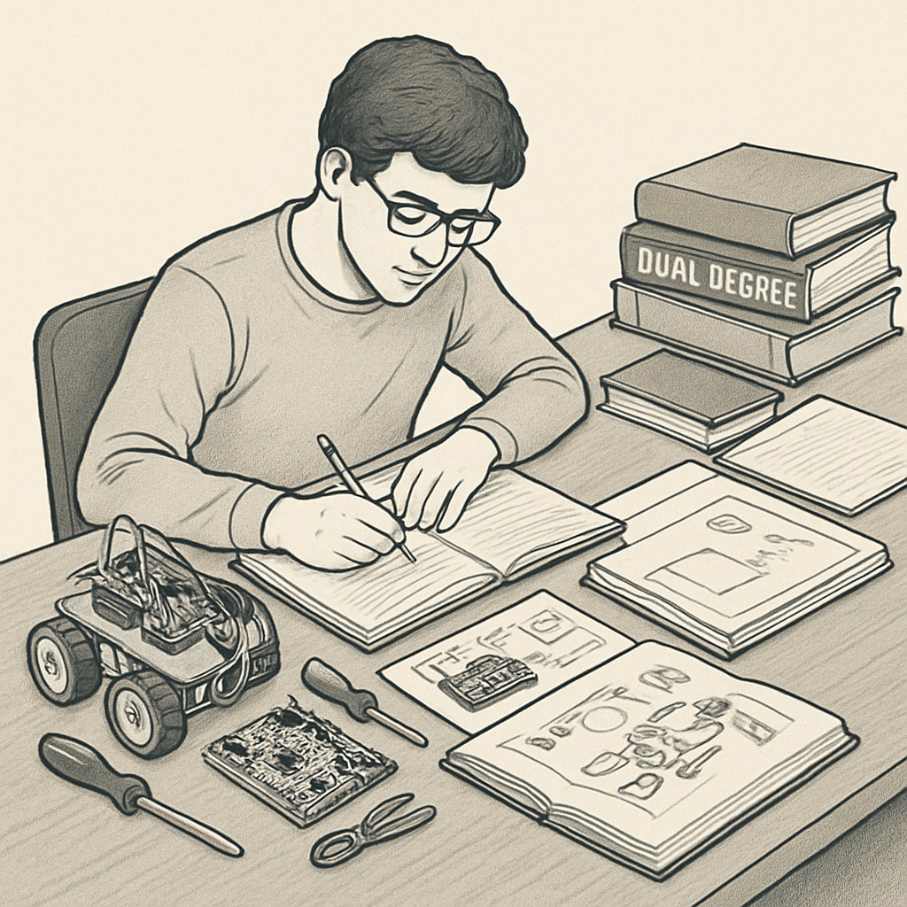 A student working on dual-degree coursework, surrounded by robotics components and educational materials. A student balancing engineering and education studies through hands-on projects.