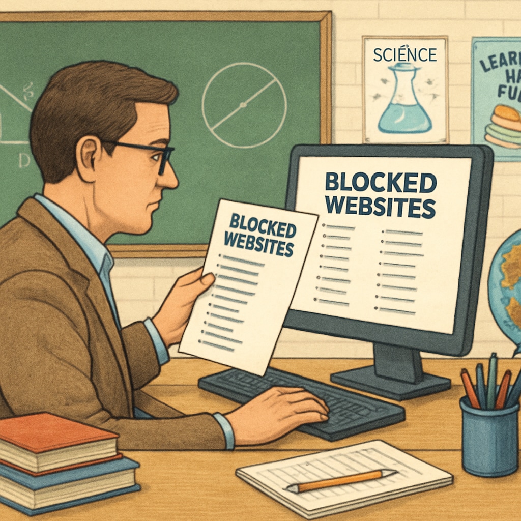 An educator reviewing a list of blocked websites on a school computer. Teacher navigating blocked educational websites under content filtering laws.