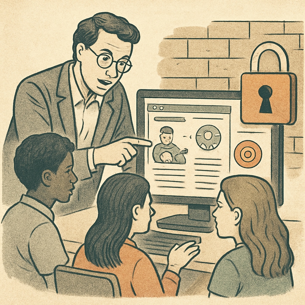 An educator guiding students through an online learning platform, illustrating efforts to navigate restrictive internet policies. A teacher helping students use an online platform, highlighting the impact of content regulation on education.