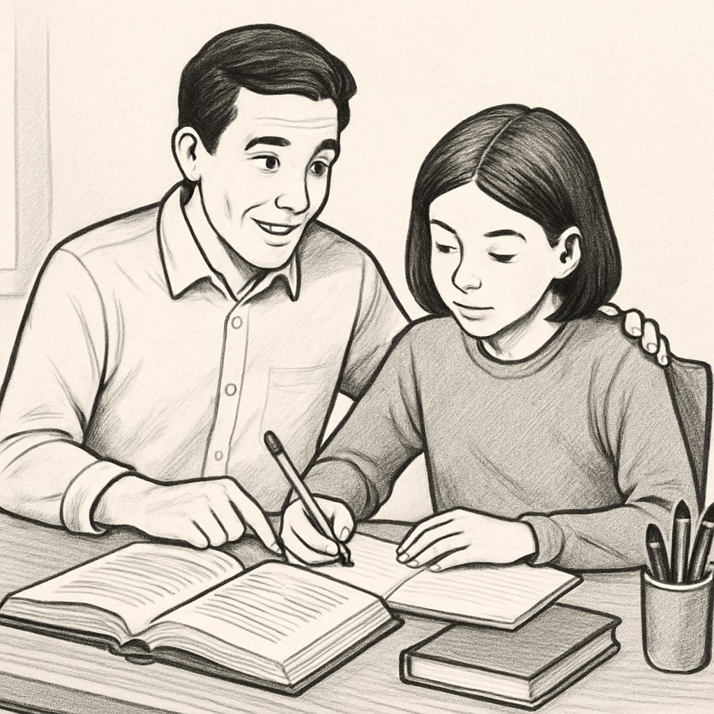A parent sitting with their middle school child at a desk, encouraging independent study, reflecting balanced parental involvement. A parent helping a middle schooler study, symbolizing healthy parental involvement.