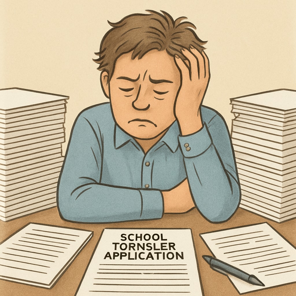 Parent surrounded by school transfer forms, highlighting district barriers