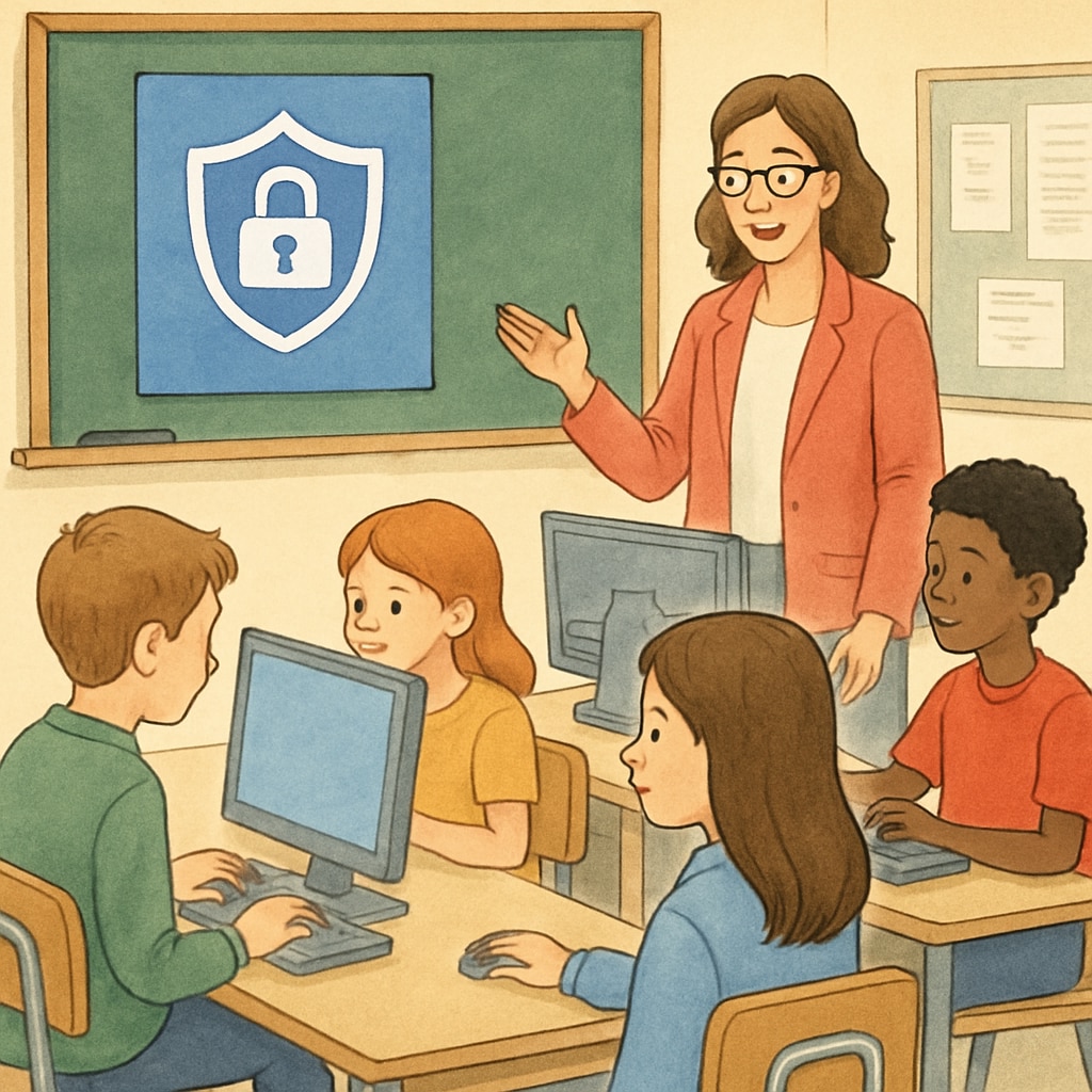 A classroom with students using computers under supervision, representing the role of digital safety and education. Classroom showing students using computers under supervision, illustrating digital safety.