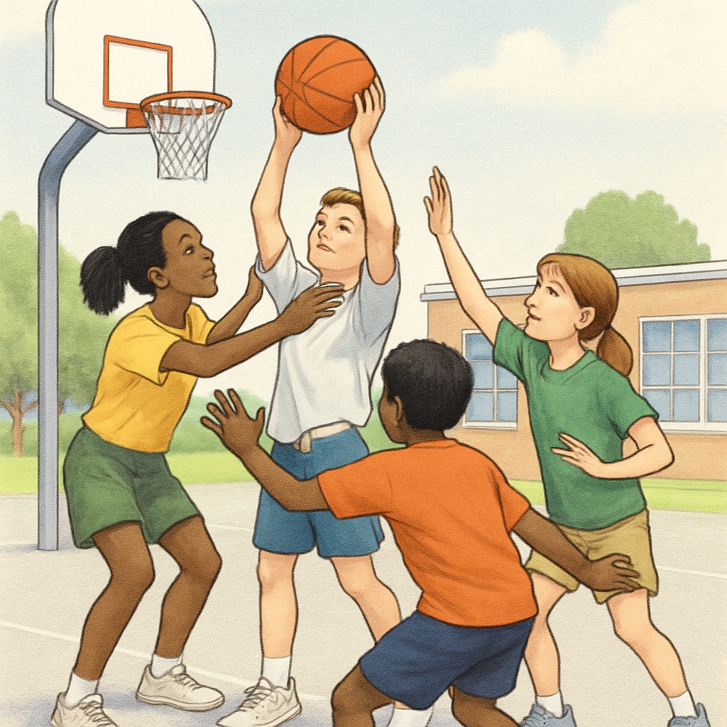 Middle school students playing basketball outdoors, illustrating the importance of physical activity for childhood development. Middle school students engaging in physical activity to support cognitive and physical health.