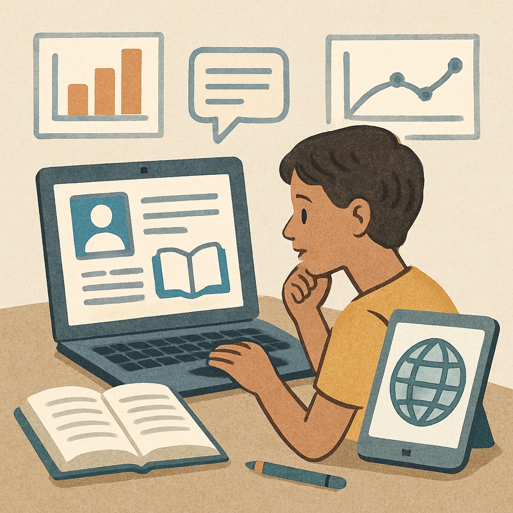 A student researching on an educational platform, emphasizing the need for accessible digital tools in learning. Student using an educational platform to explore digital resources, showing the importance of access.