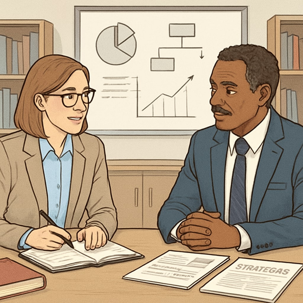 A professional consultation between a university education expert and a school principal discussing K12 strategies. California university education expert consulting with a school principal on K12 solutions.