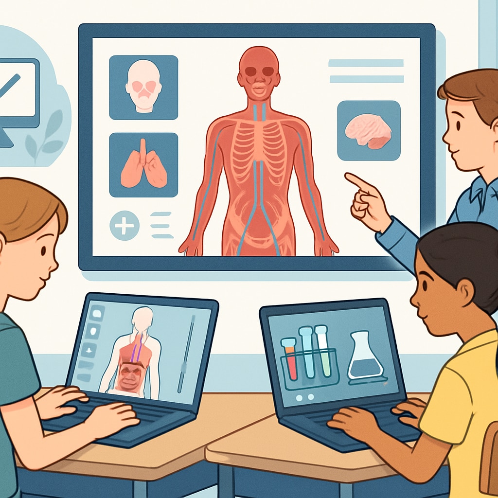 A vibrant illustration of K12 students exploring medical science through interactive online tools, such as anatomy simulators and virtual labs. Medical education resources for K12 students using online tools and courses