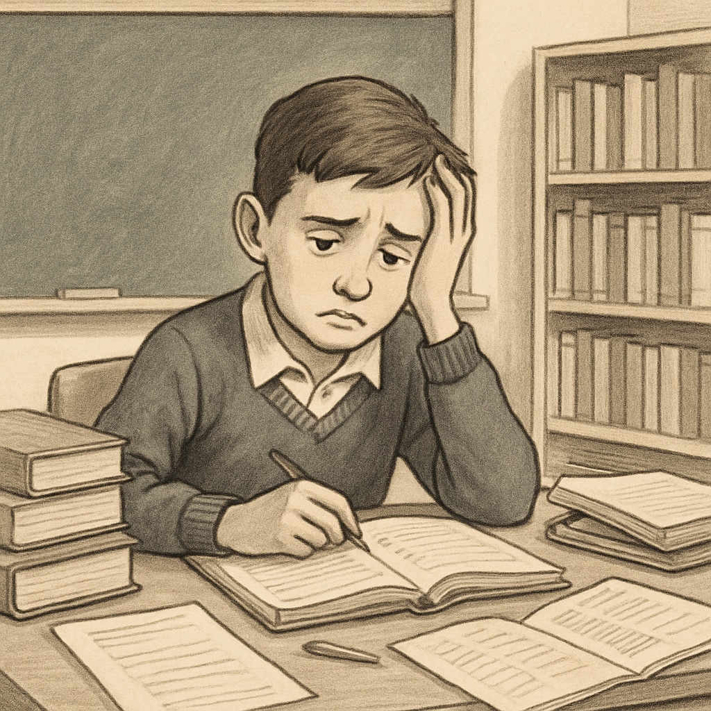 A middle school student sitting at a desk, looking overwhelmed with schoolwork, representing academic struggles. Middle school student overwhelmed with schoolwork.