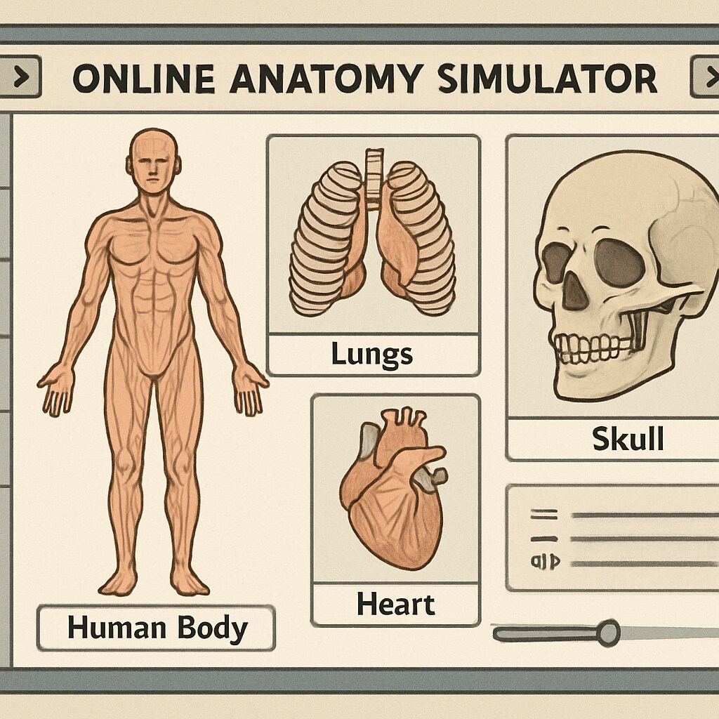 A screenshot of an online anatomy simulator, highlighting interactive tools for exploring the human body. Online anatomy simulator demonstrating medical education features