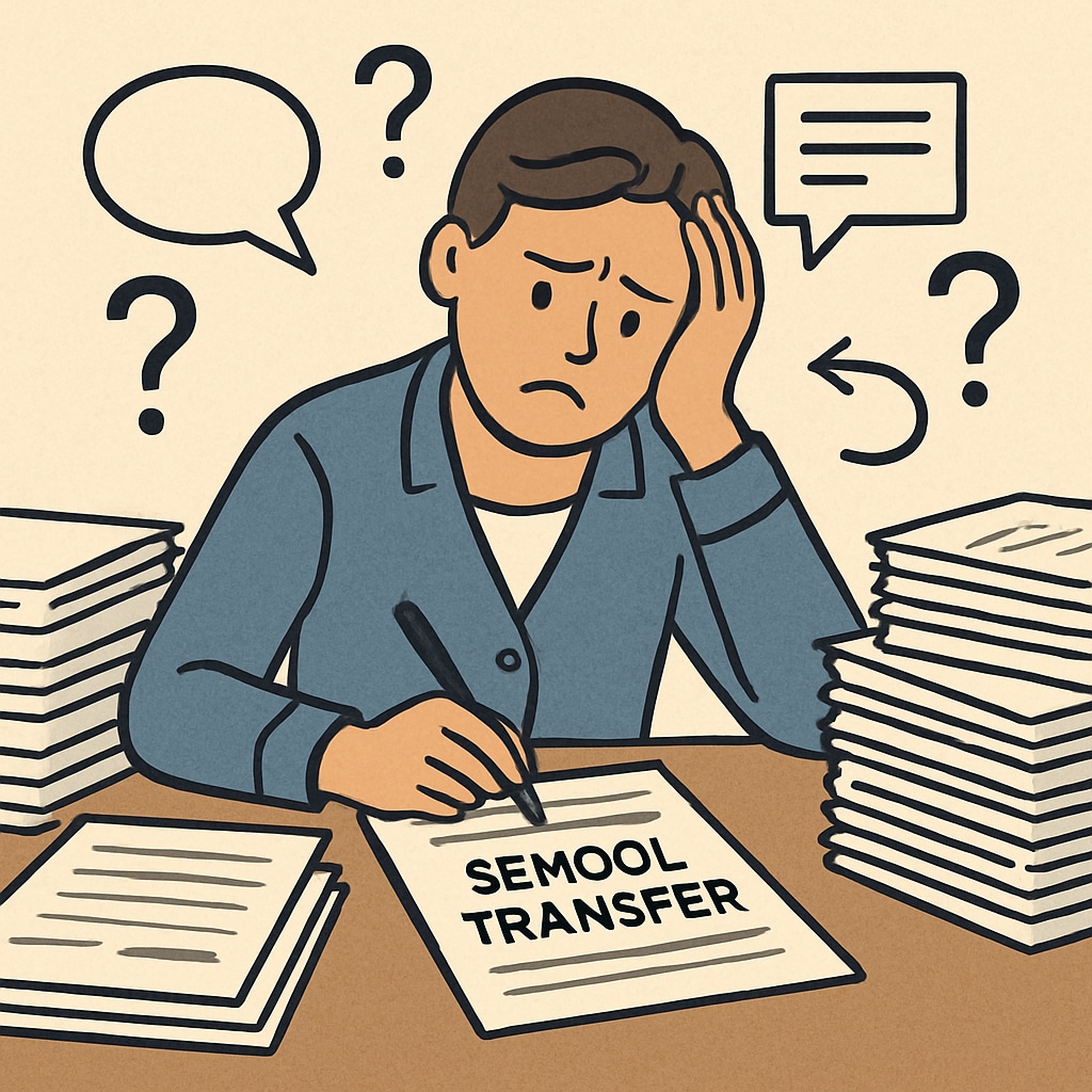 A frustrated parent filling out school transfer paperwork, symbolizing the complexities of district communication. Parent completing school transfer forms, representing cross-district communication challenges.