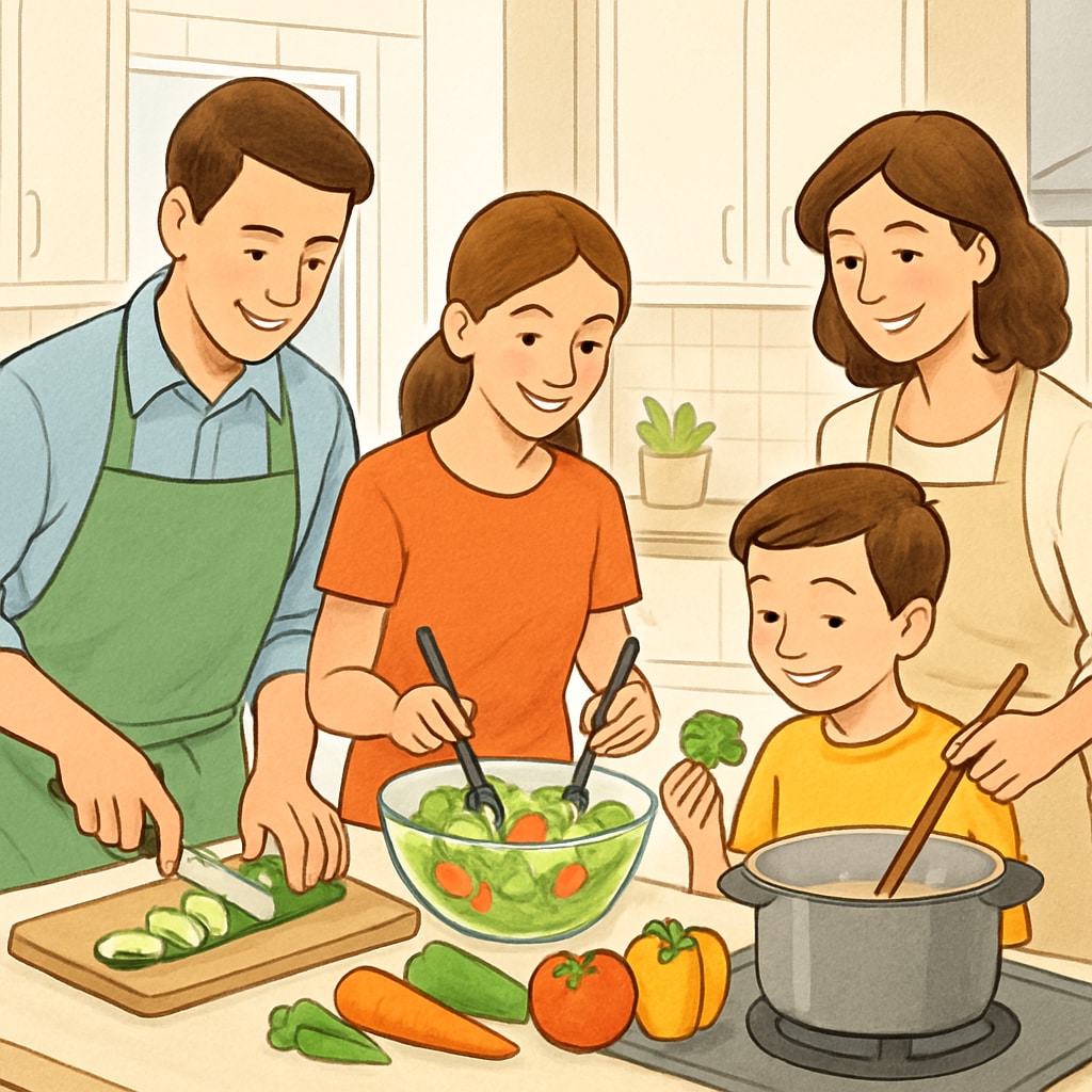 A family cooking a healthy meal together, illustrating the importance of balanced nutrition and family bonding. Family cooking a healthy meal together.