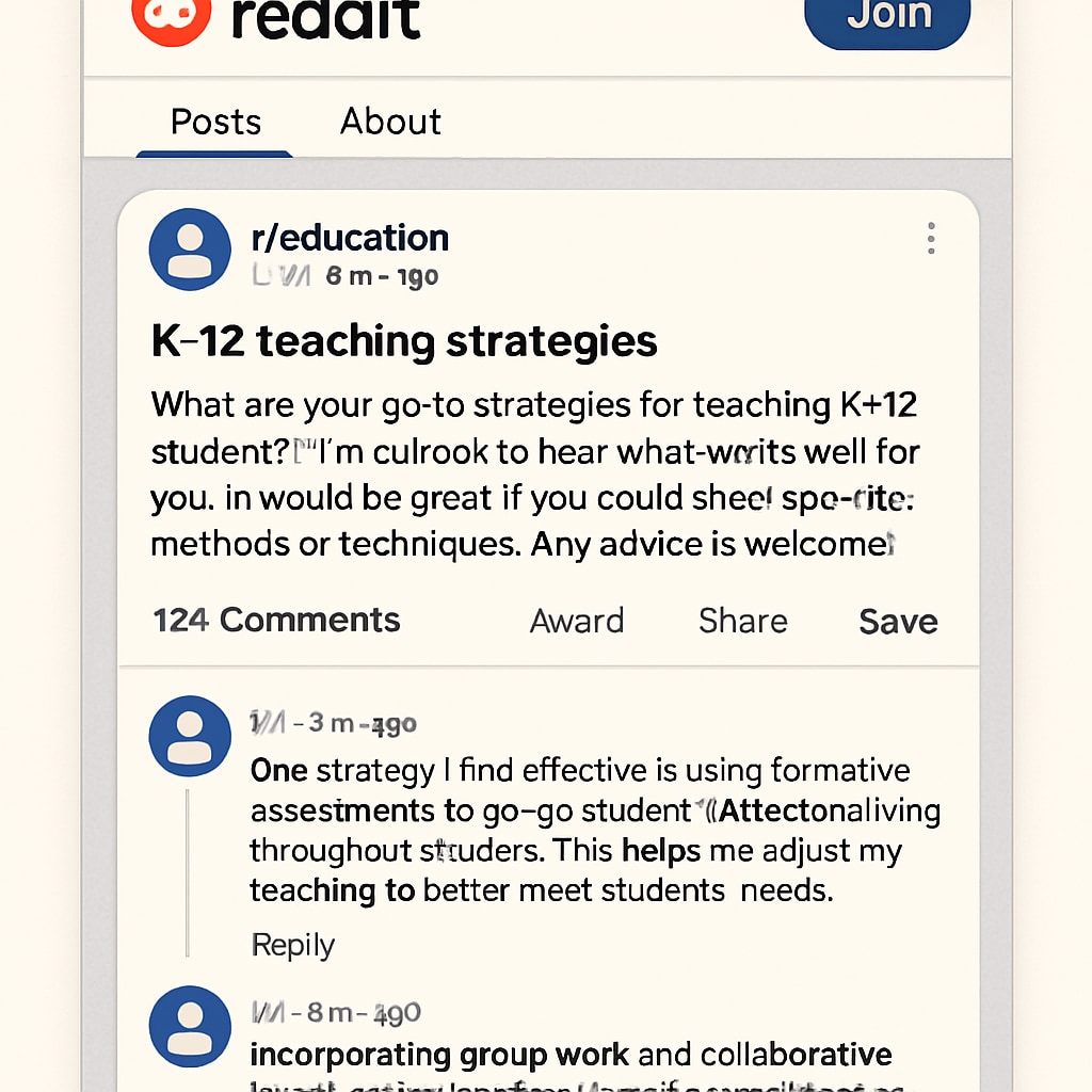 A screenshot of a Reddit education subreddit showing a discussion thread about K12 teaching strategies. Reddit education subreddit discussion on K12 teaching strategies.
