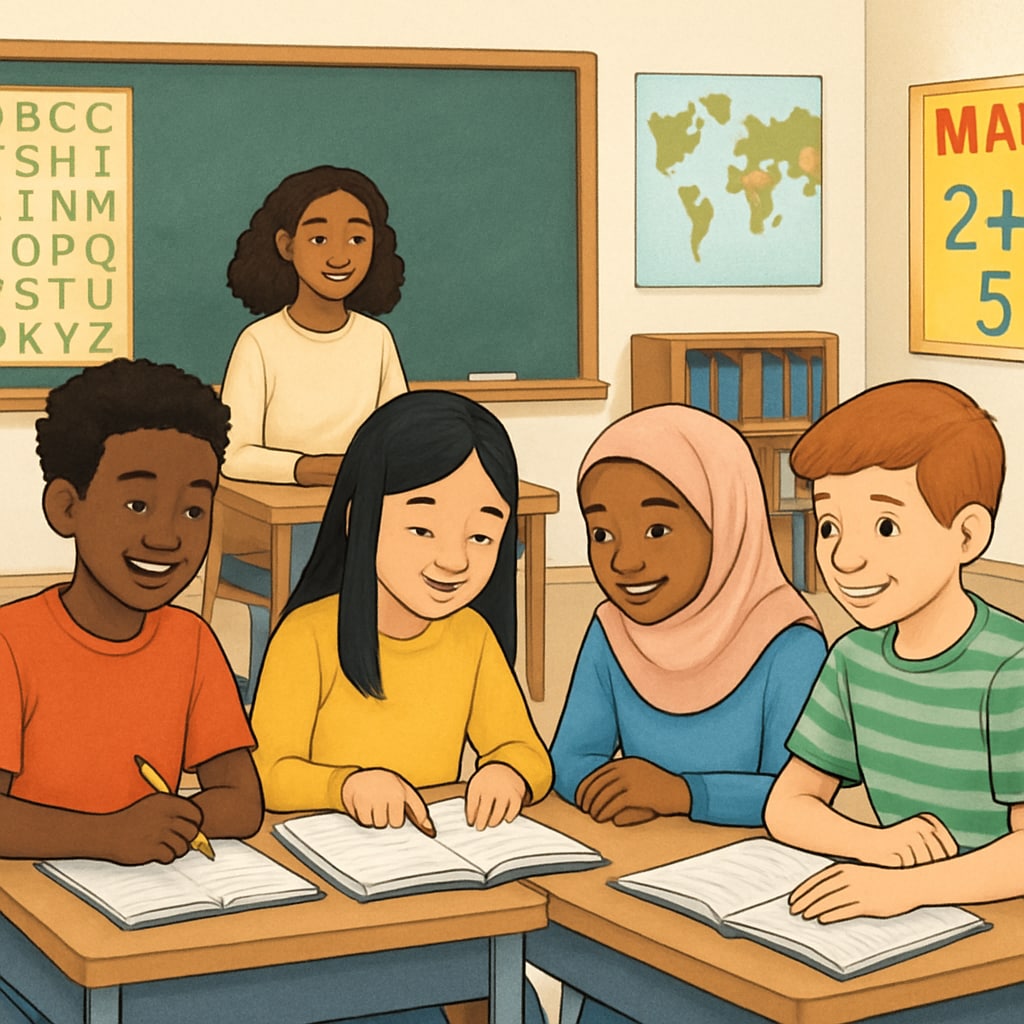 A group of students in a diverse classroom, representing the goal of inclusive and equitable education. Students in a diverse classroom, symbolizing inclusive education.