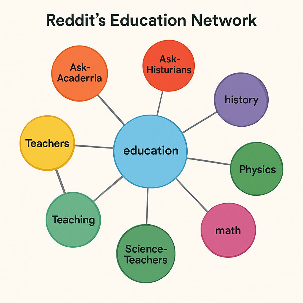 A visual representation of interconnected subreddits within Reddit’s education network, highlighting their diversity. Interconnected subreddits in Reddit’s education network.