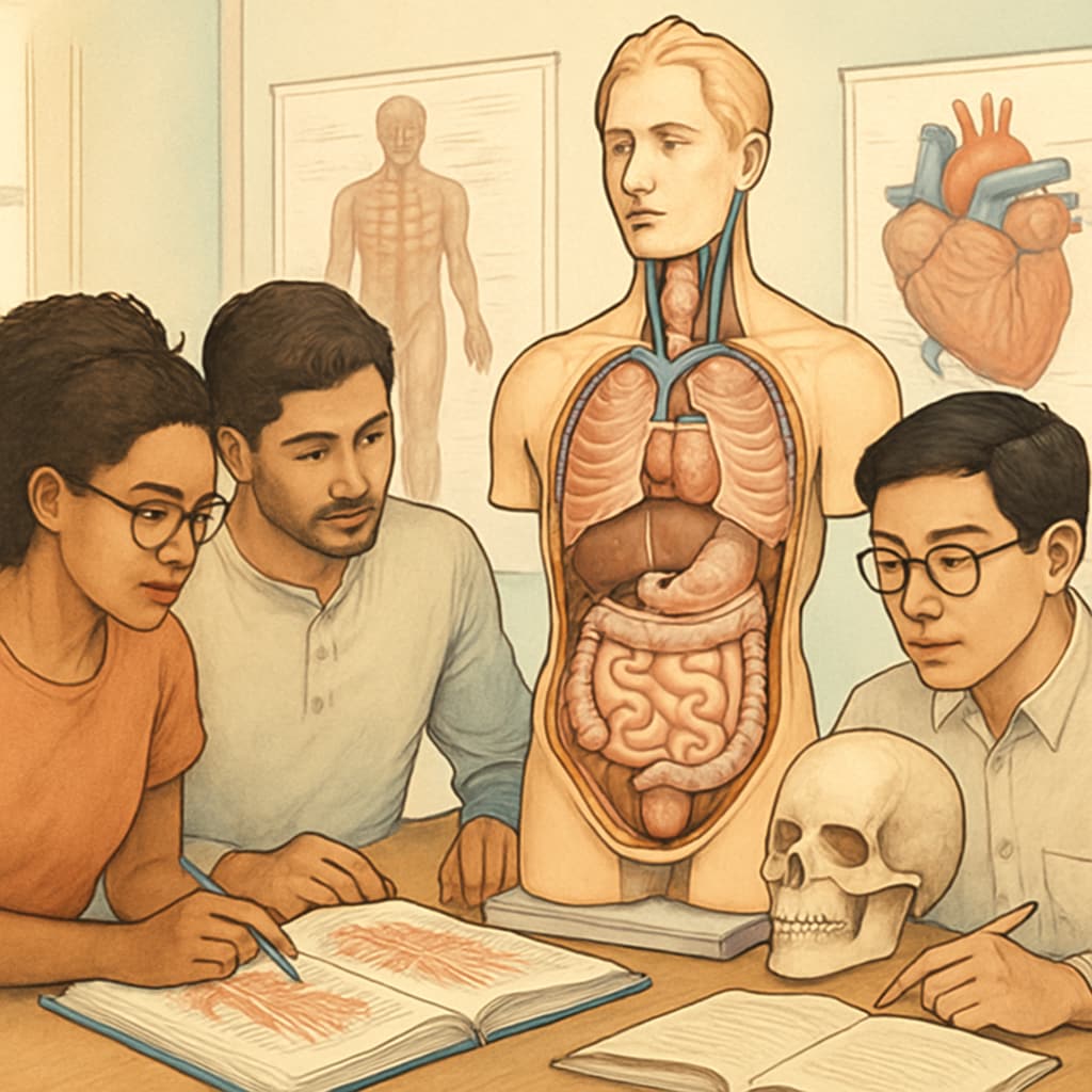 A diverse group of individuals studying anatomy charts and medical models in a classroom setting, illustrating accessible medical education for non-medical audiences. Medical education for non-medical background individuals in a classroom setting.