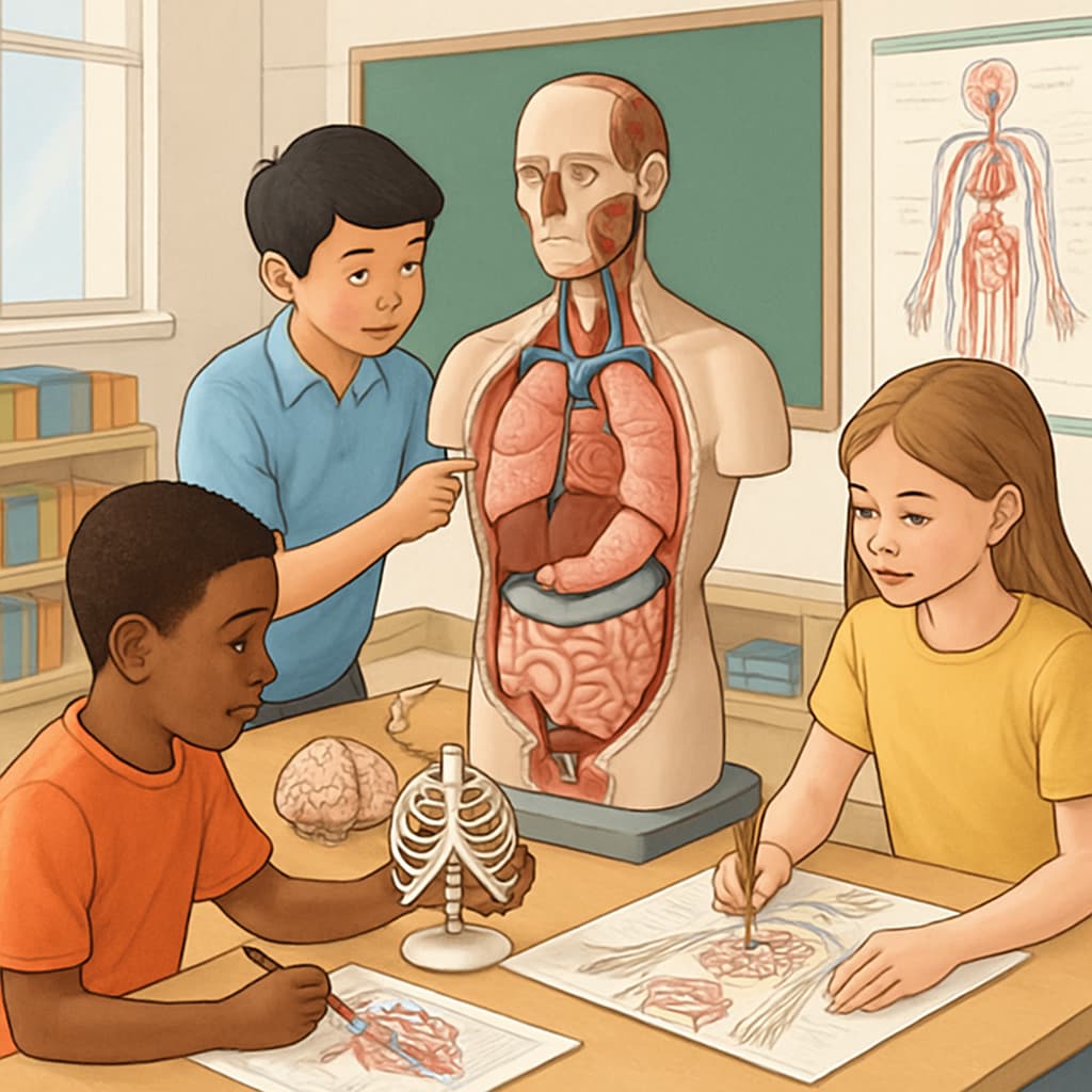 A classroom with students working on a human anatomy project using models and interactive tools, showcasing K12 integration of medical education. Students learning medical concepts through interactive anatomy projects.