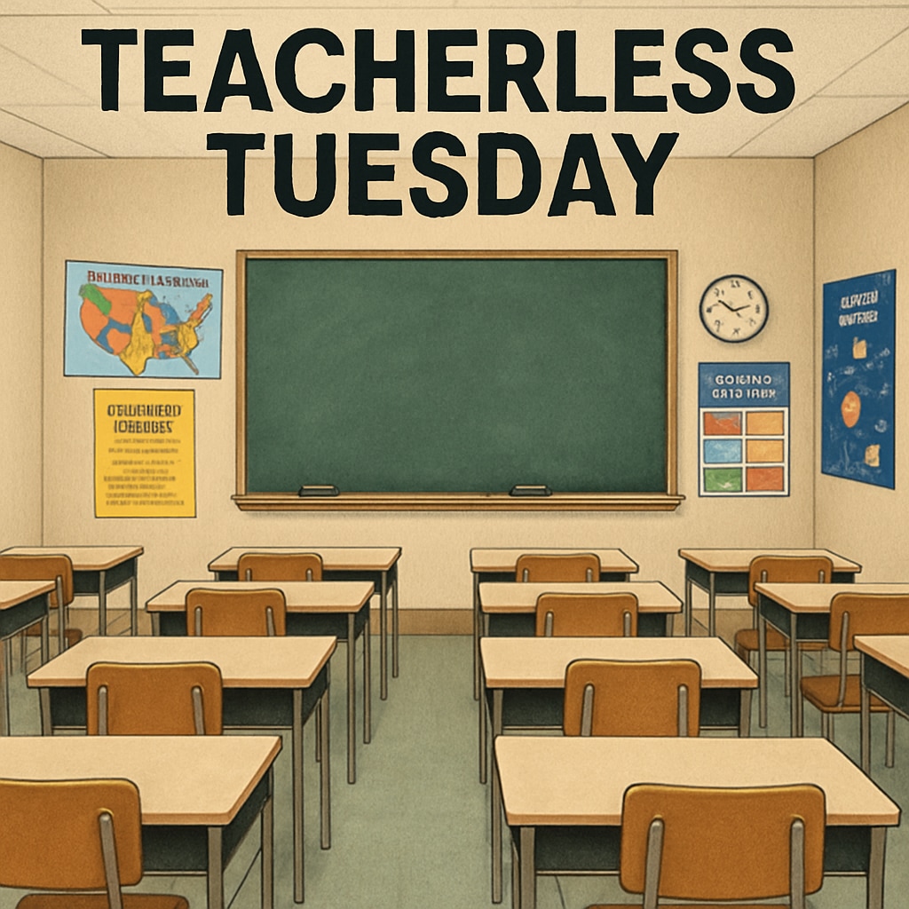 A classroom with empty desks, symbolizing the absence of teachers during a Teacherless Tuesday protest. Empty classroom during Teacherless Tuesday protest.