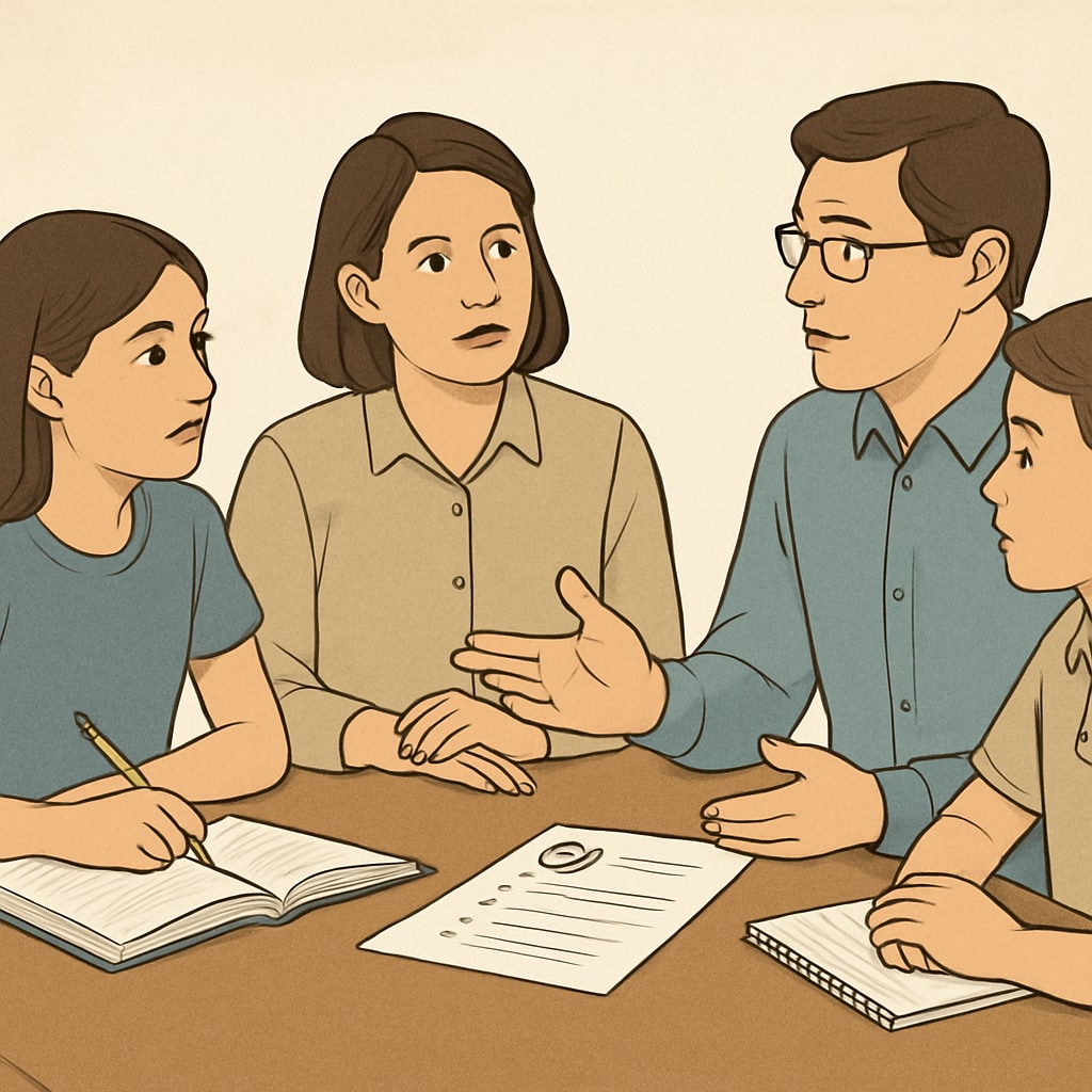 A family sitting together at a table, discussing schoolwork and planning goals. Family discussing schoolwork and setting goals together.