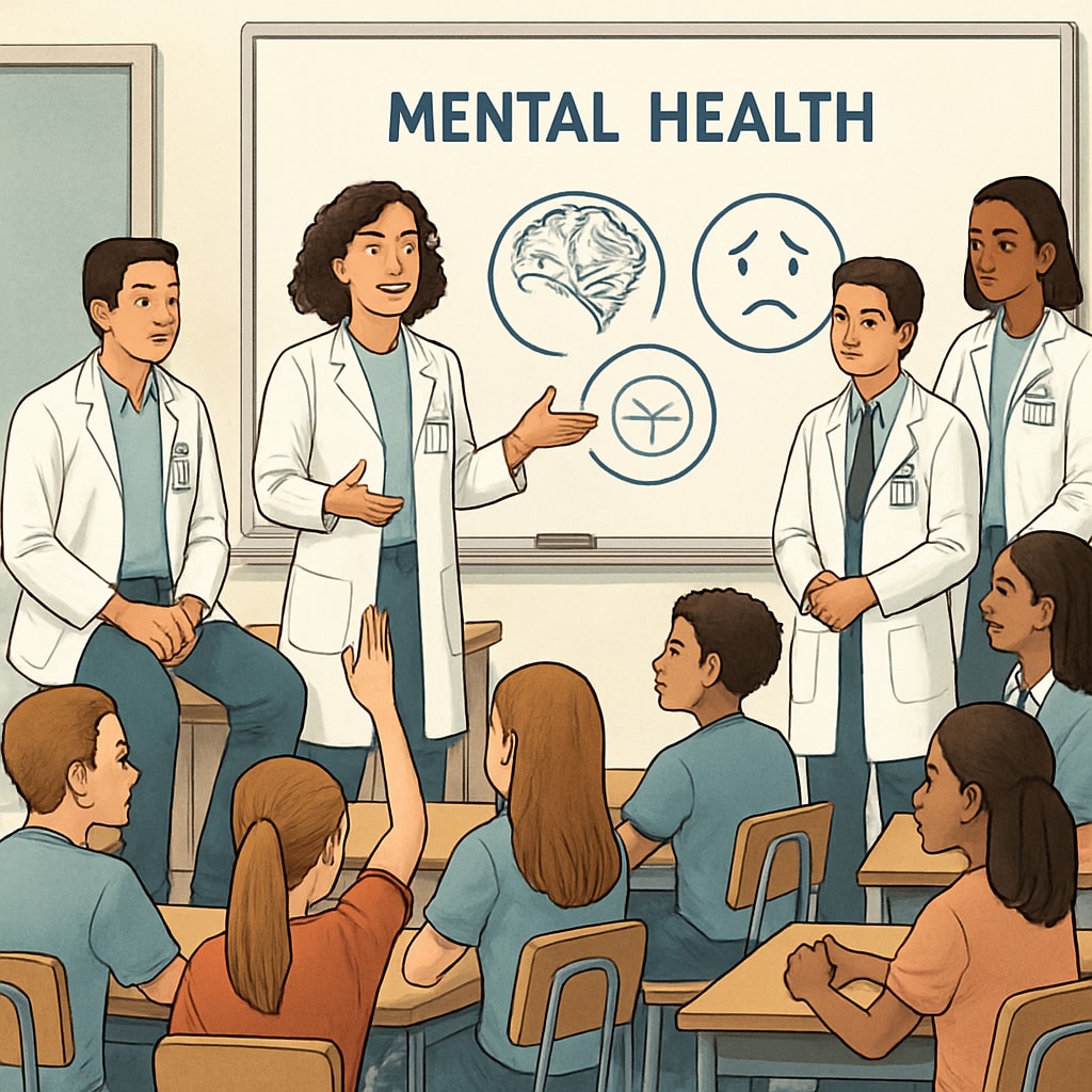 Medical students leading a mental health workshop for high schoolers.