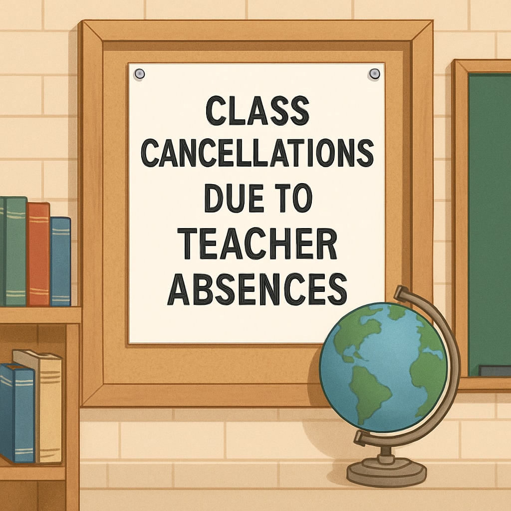 A school notice board announcing class cancellations due to teacher absences. Notice board showing canceled classes due to teacher absences.