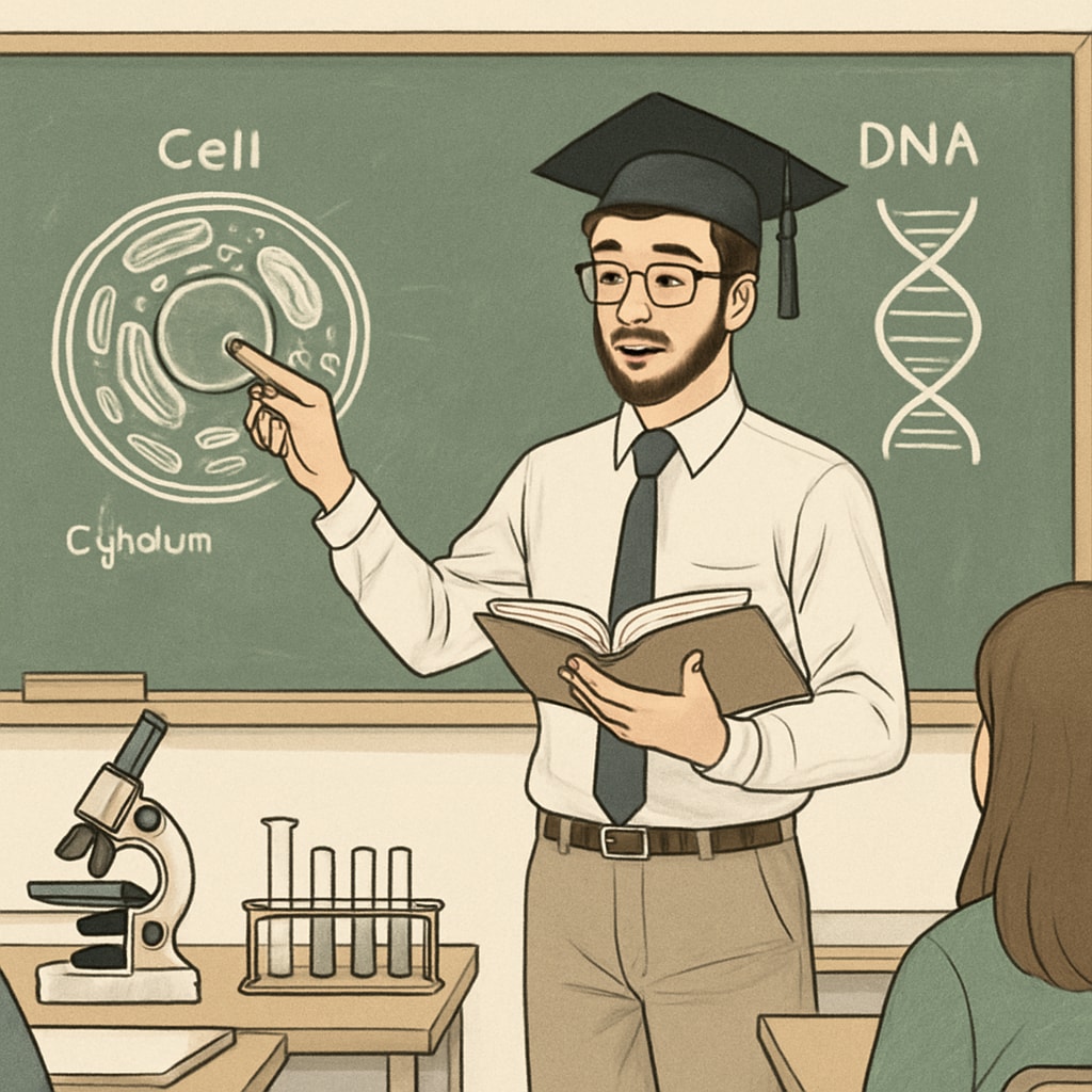 Biology graduate teaching a classroom as part of their transition to education.