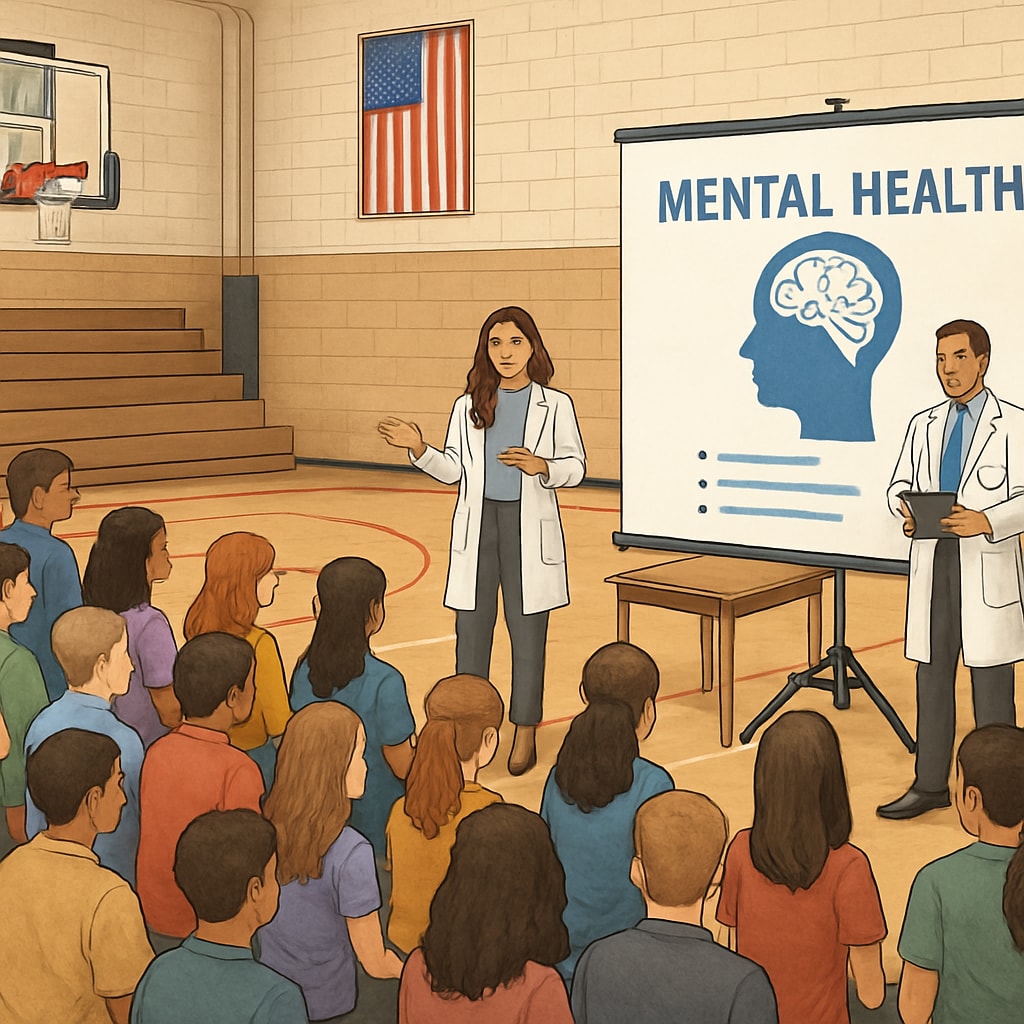 High school students at a mental health assembly led by medical students.