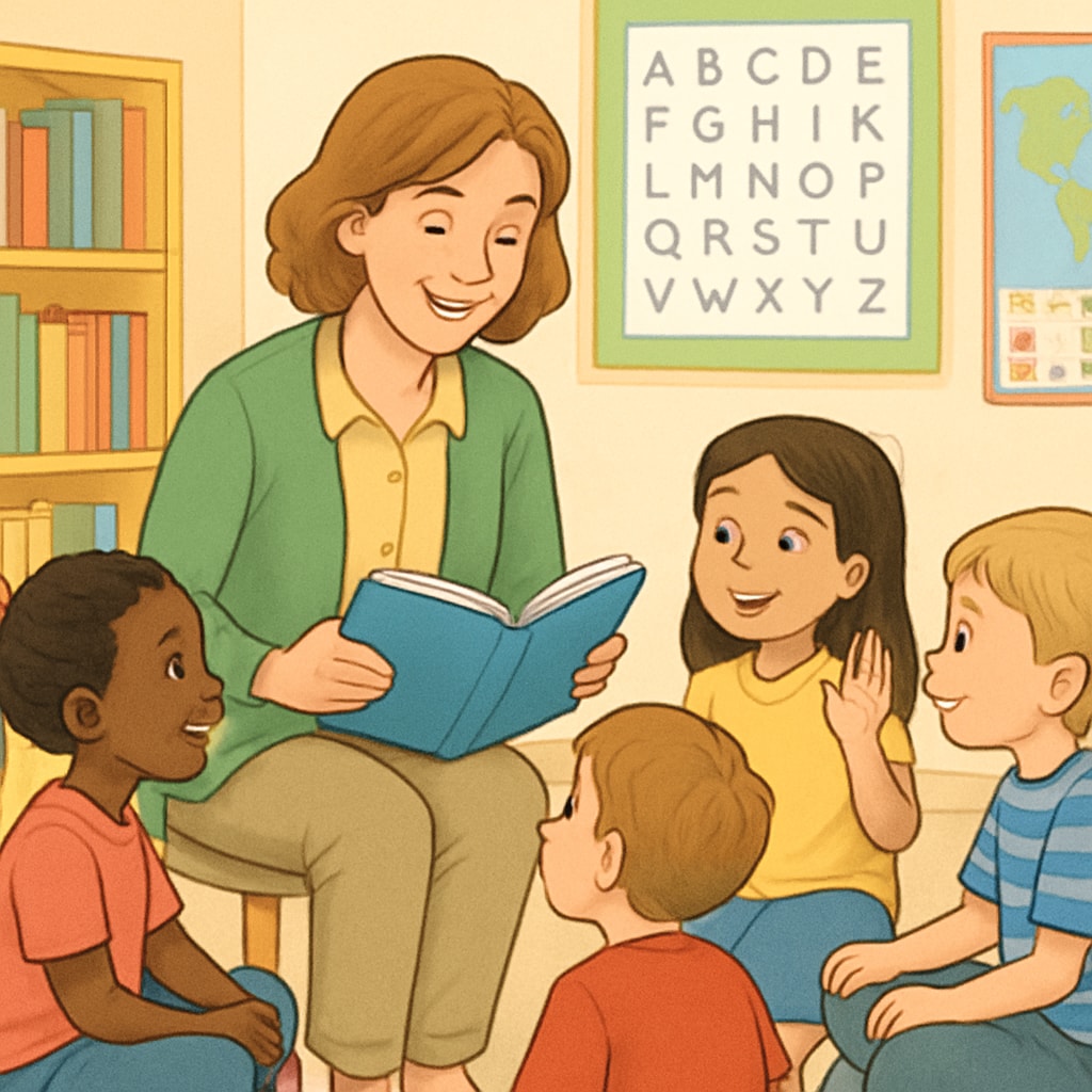 Elementary students and a teacher in a reading circle discussing a book.