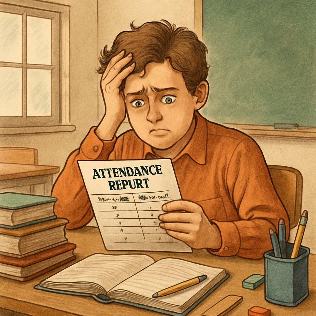 A stressed student holding an attendance report, highlighting policy issues.