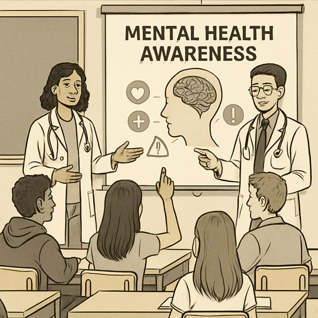 Medical students presenting a slide on mental health awareness to high school students, focusing on interactive engagement. Medical students giving a mental health lecture in a high school classroom.