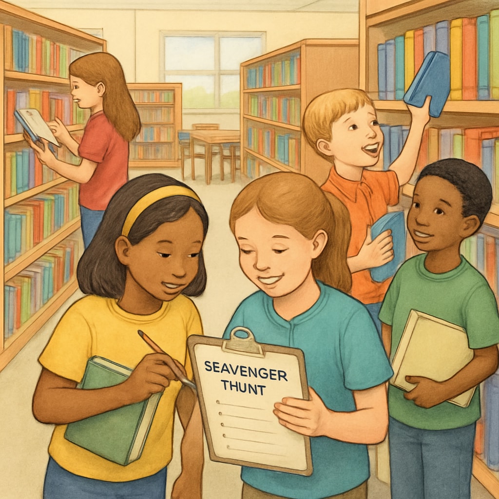 Elementary students engaging in a library scavenger hunt to find books.