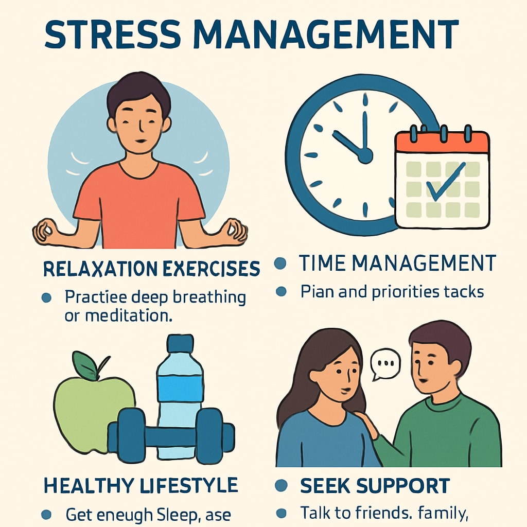 A slide from a mental health presentation showing stress management techniques with visuals and bullet points. Stress management techniques displayed on a presentation slide during a mental health lecture.