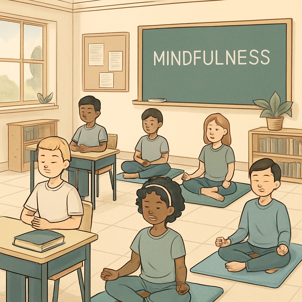 A serene classroom setting where students practice mindfulness activities inspired by Sadhguru's teachings. Students practicing mindfulness in a classroom inspired by Sadhguru's teachings