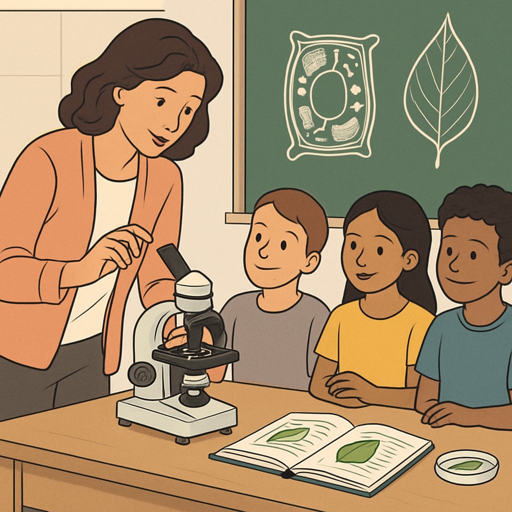 Teacher using a microscope to explain biology in a classroom