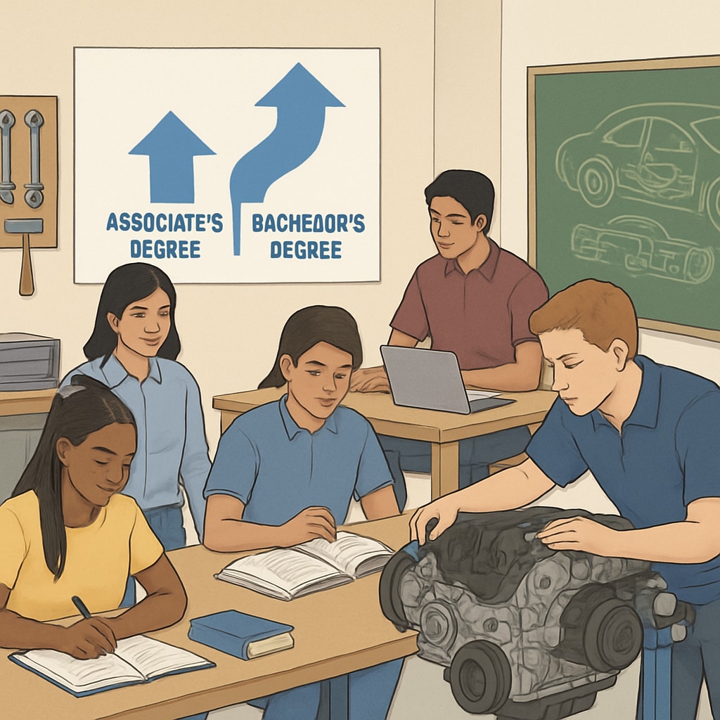 An educational setting with students studying automotive technology programs, symbolizing the connection between associate and bachelor’s degrees. Students in an automotive technology classroom discussing their academic goals.