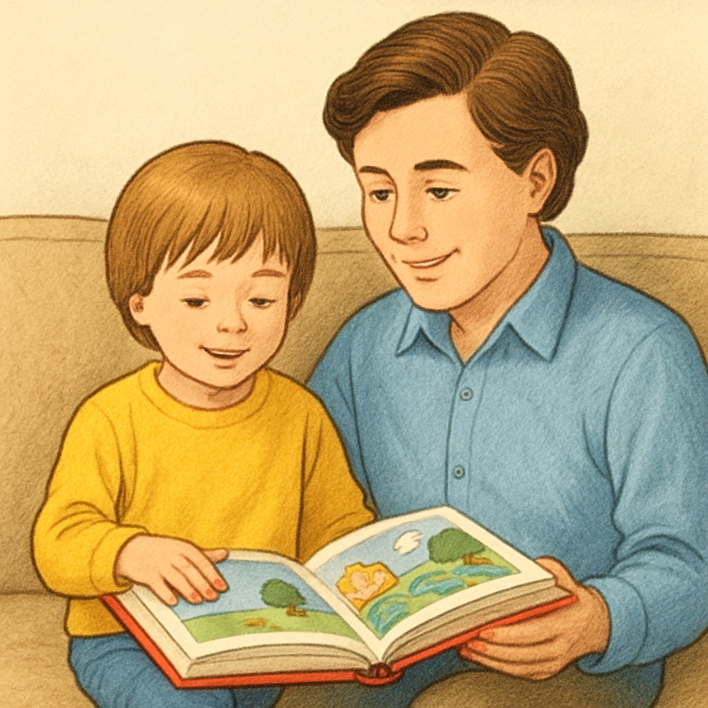 A child sitting on a couch, reading a colorful storybook with a parent beside them. The image conveys a warm, family-oriented reading environment. A child and parent reading together to promote reading comprehension and interest.