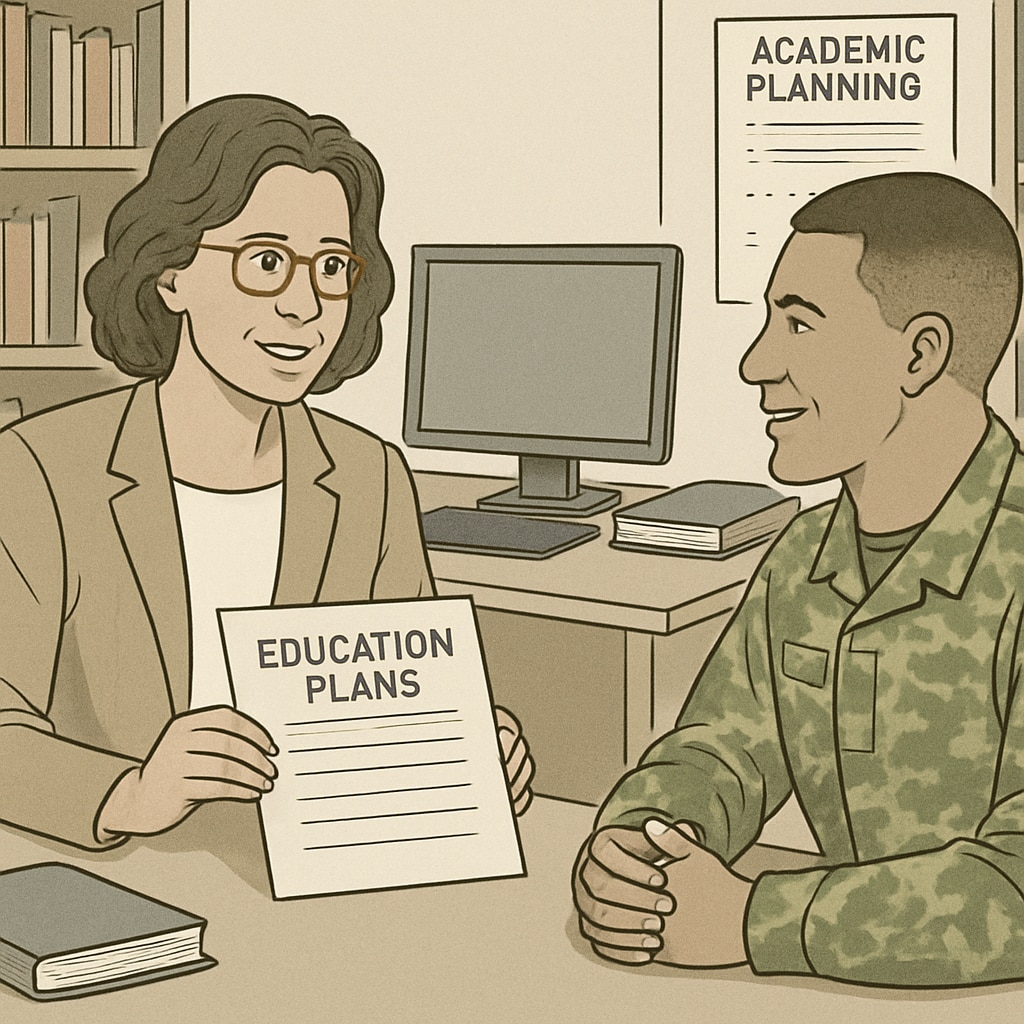 A university advisor discussing education plans with a military student, emphasizing the importance of academic planning. Military student consulting with an advisor about bachelor's degree options.