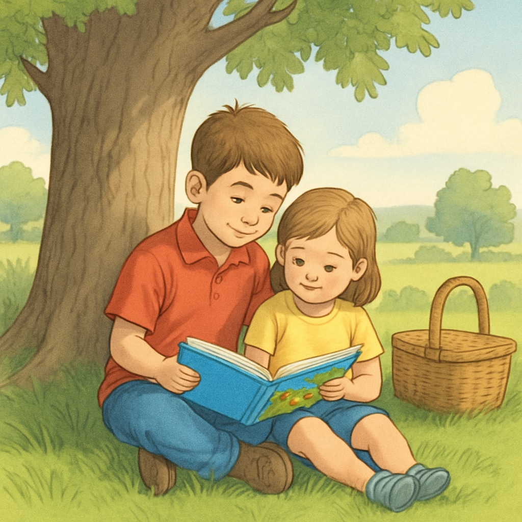 Two siblings sitting under a tree, reading a picture book together, with a picnic basket nearby. The image reflects outdoor family reading time. Siblings enjoying outdoor reading time to boost reading comprehension and interest.